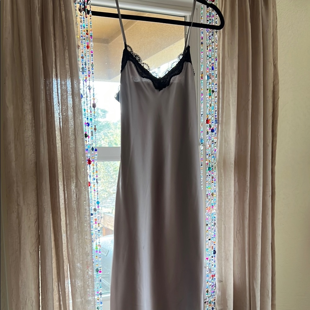 Elegant Silver/Grey and Black Lace Slip Dress with Adjustable Straps